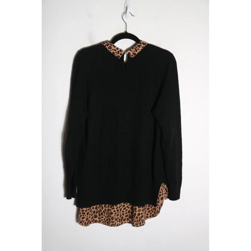 Charter Club 100% Cashmere Sweater Large Black Leopard Blouse Trim Preppy